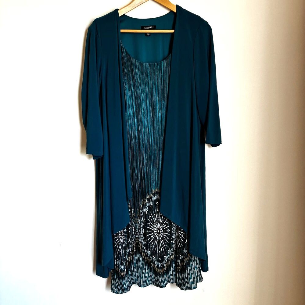 Roz & Ali Teal & Patterned Dress with Cardigan Overlay Set, Size 1x
